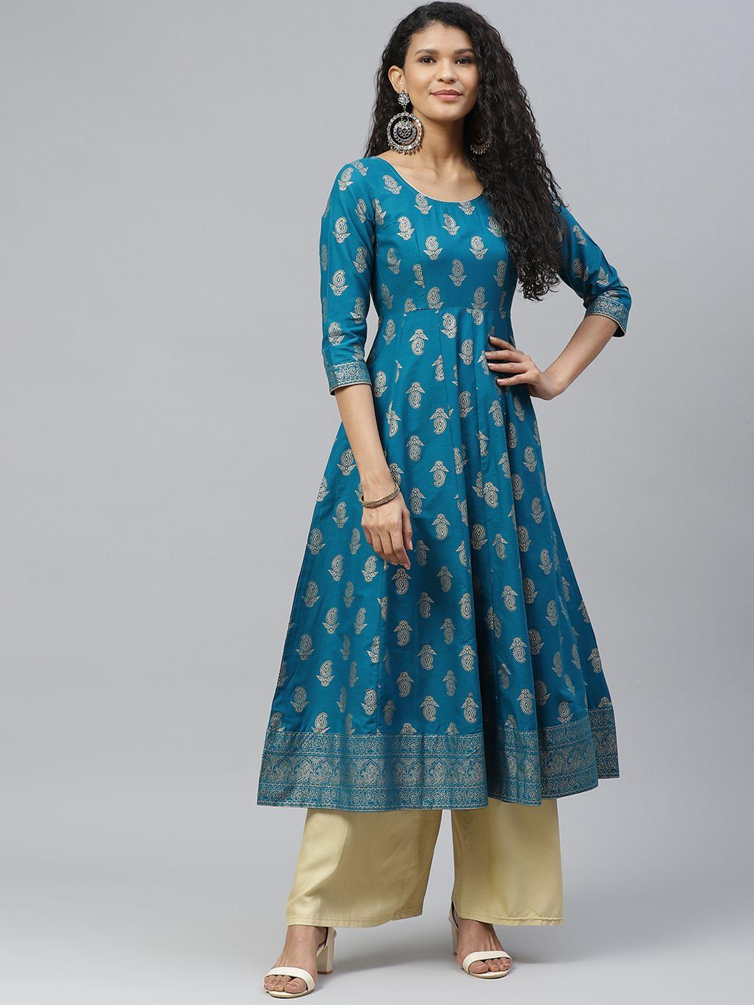 poshak hub women teal blue & golden ethnic motifs foil print anarkali kurta with tie-ups