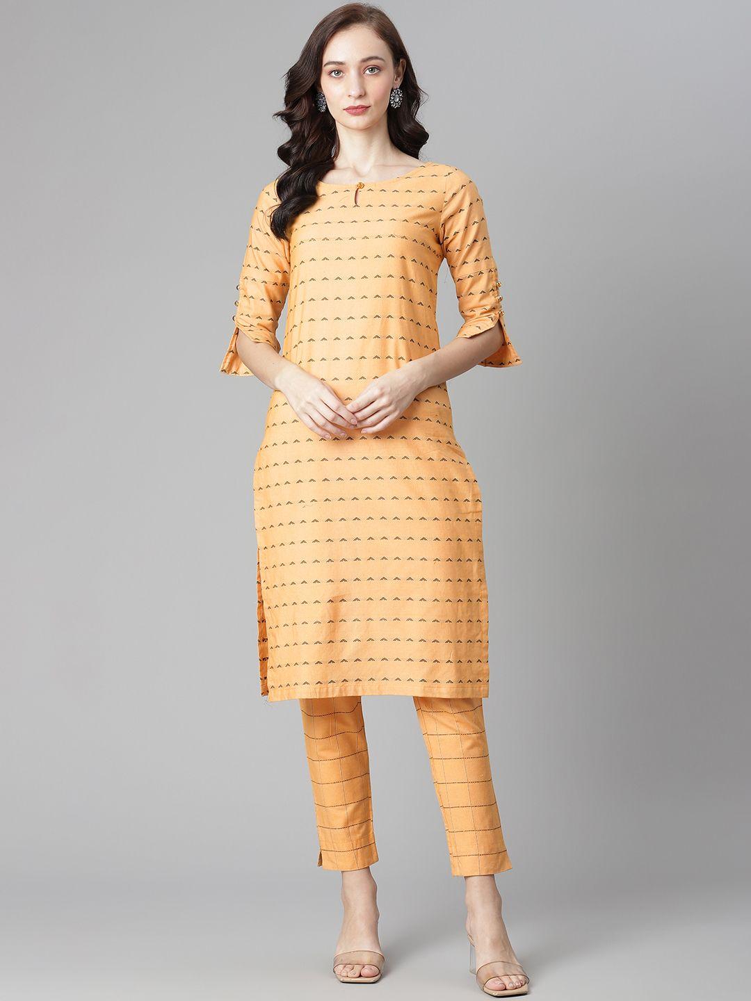 poshak hub women yellow & black striped regular kurta with trousers