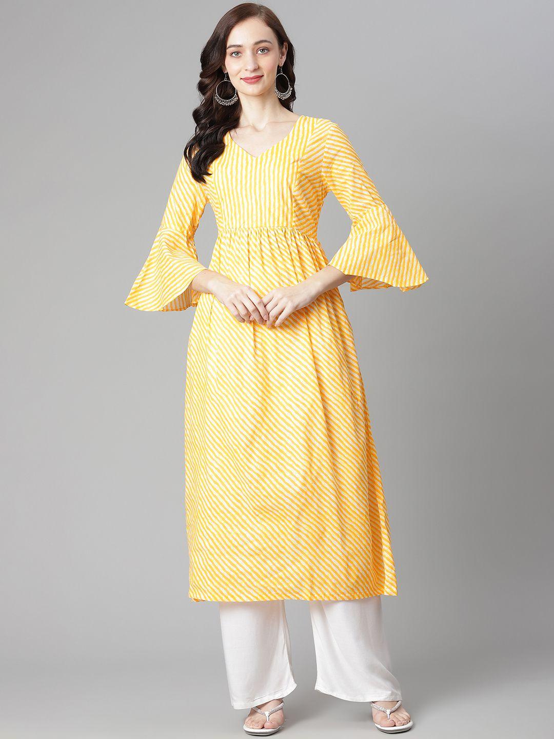 poshak hub women yellow & white leheriya print cotton anarkali kurta