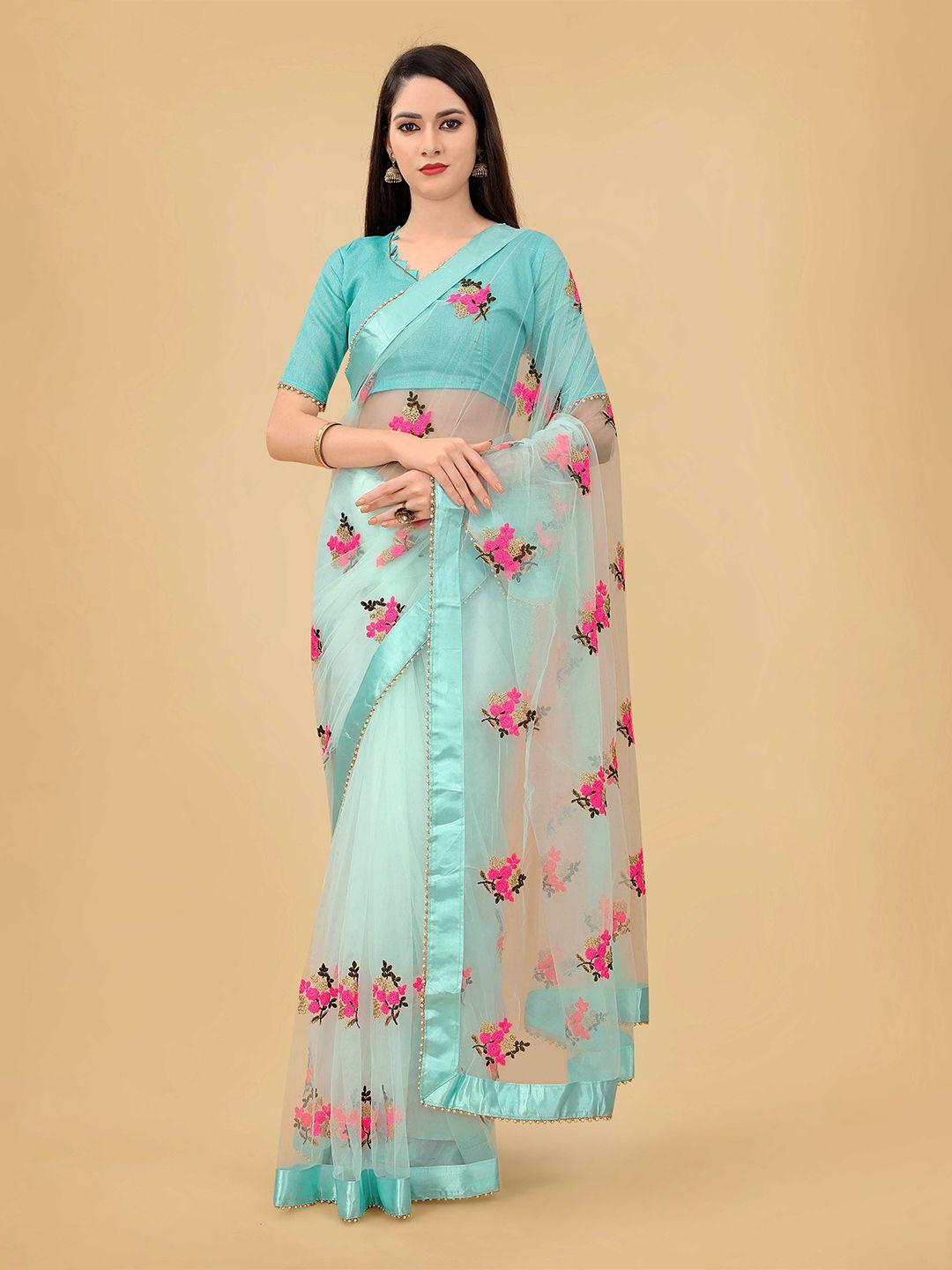 poshvariety blue floral embroidered net saree