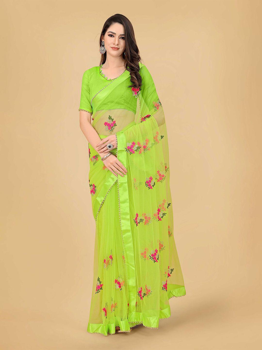 poshvariety green floral embroidered net saree