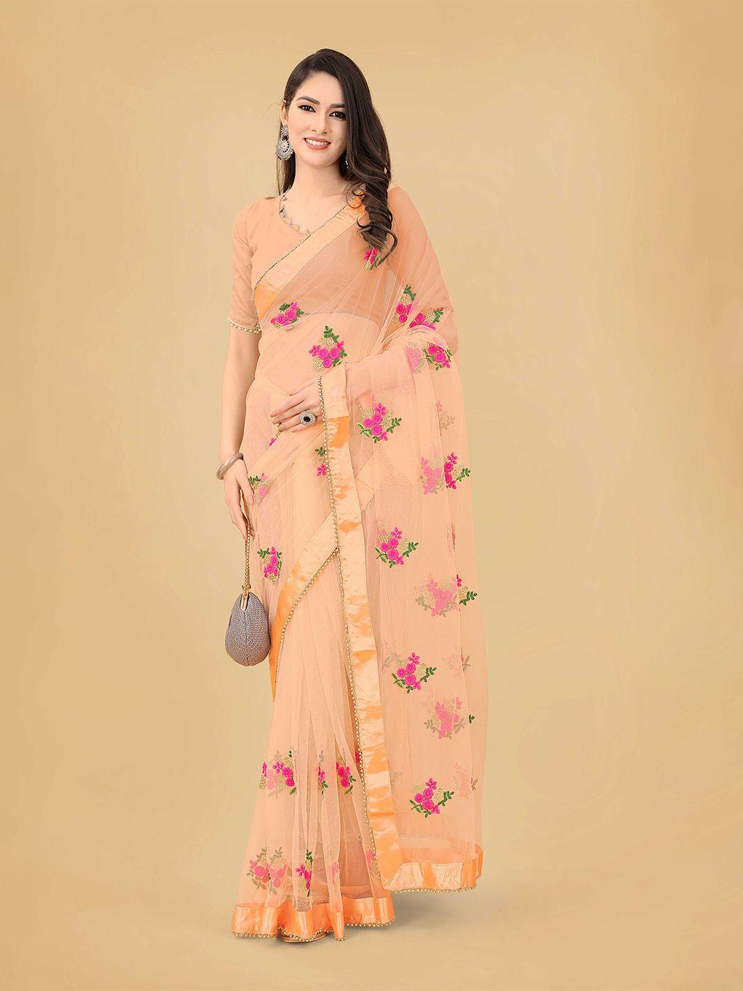 poshvariety peach-coloured floral embroidered net saree