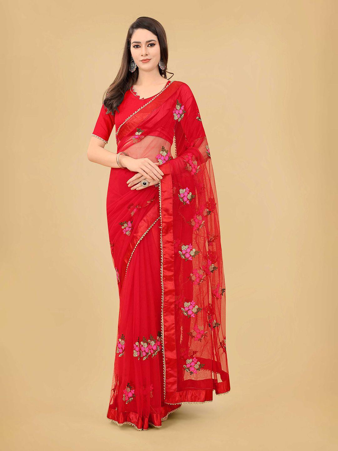poshvariety red floral embroidered net saree