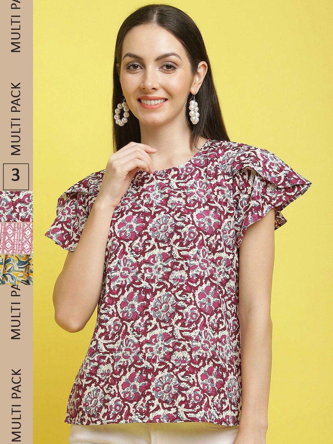 poshyaa pack of 3 ethnic motifs printed flutter sleeve empire top