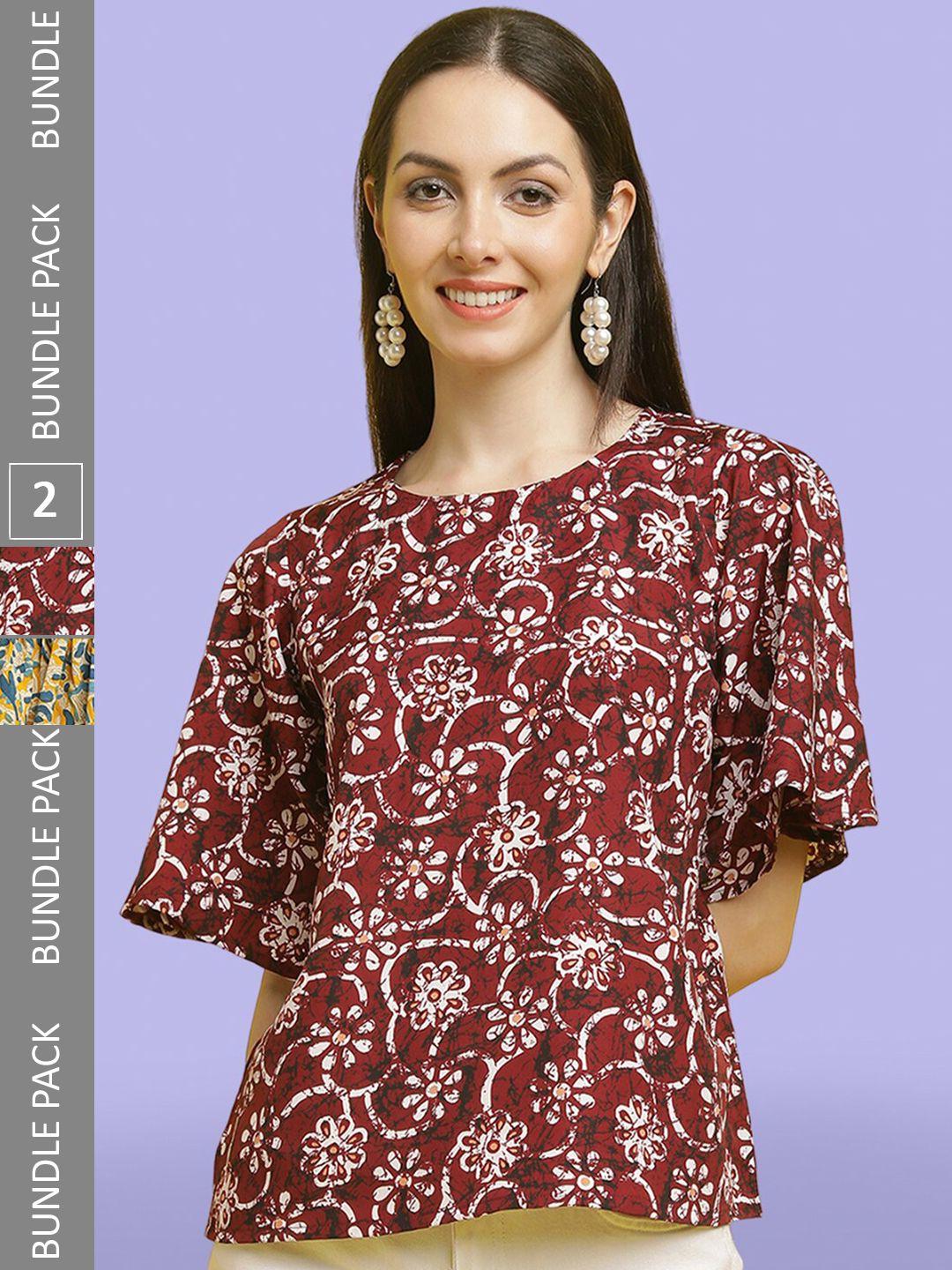 poshyaa pack of 2 printed flared sleeve crepe top