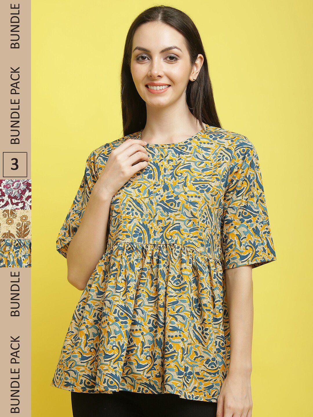 poshyaa pack of 3 ethnic motifs printed flutter sleeves crepe tops