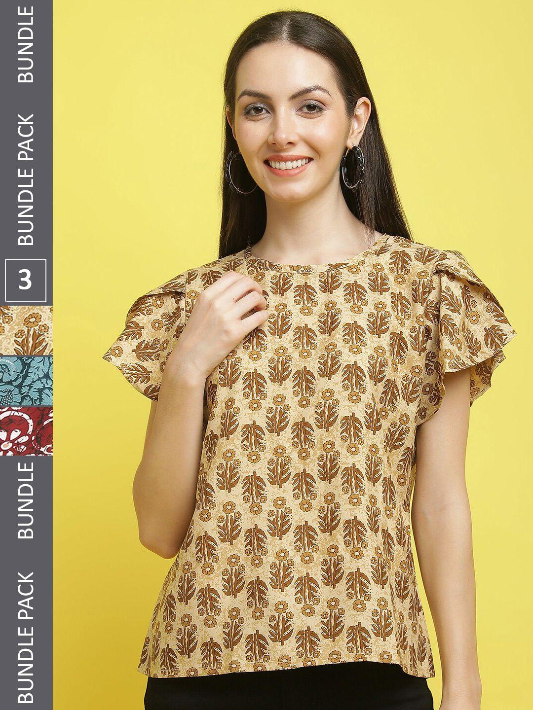 poshyaa pack of 3 floral printed flared sleeve crepe top