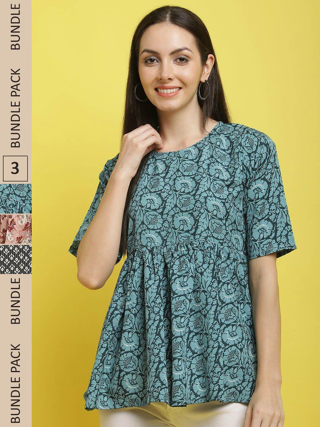 poshyaa pack of 3 floral printed flutter sleeves regular tops