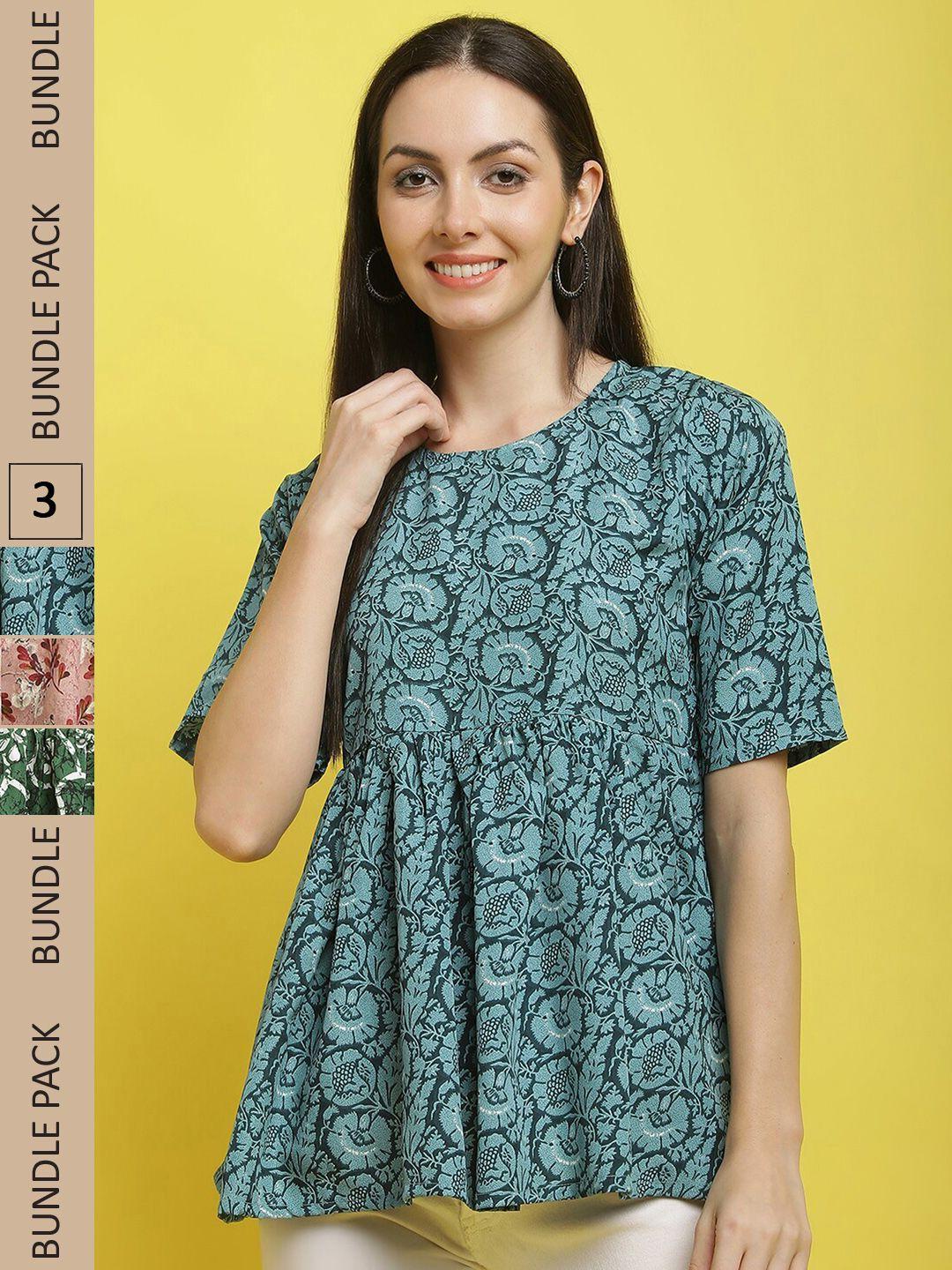 poshyaa pack of 3 floral printed flutter sleeves regular tops