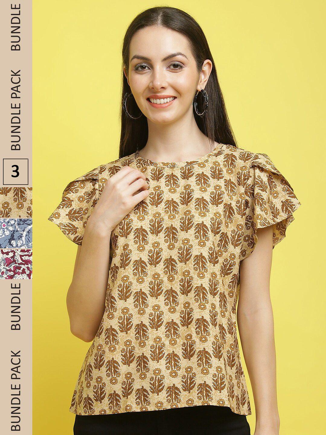 poshyaa pack of 3 floral printed flutter sleeves top