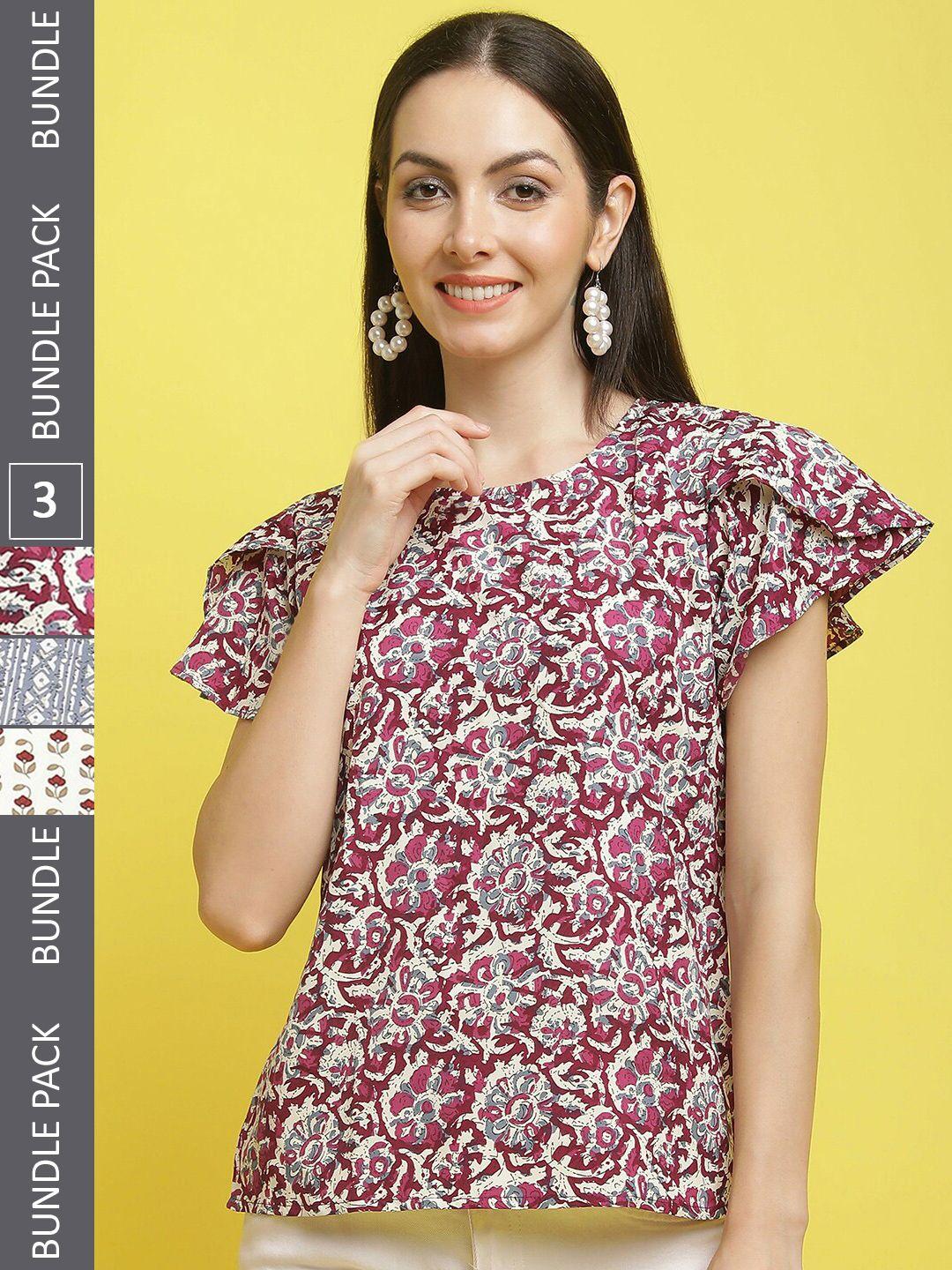 poshyaa pack of 3 floral printed flutter sleeves top