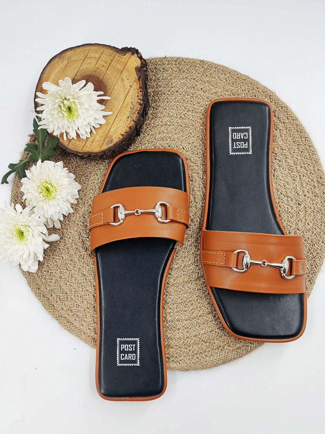 postcard buckle embellished open toe flats