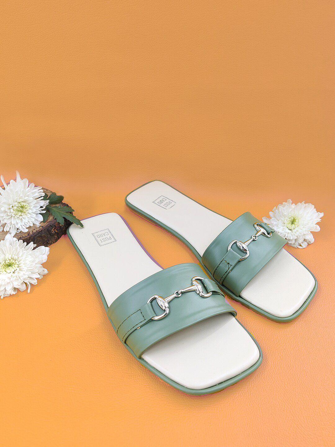 postcard buckle embellished open toe flats