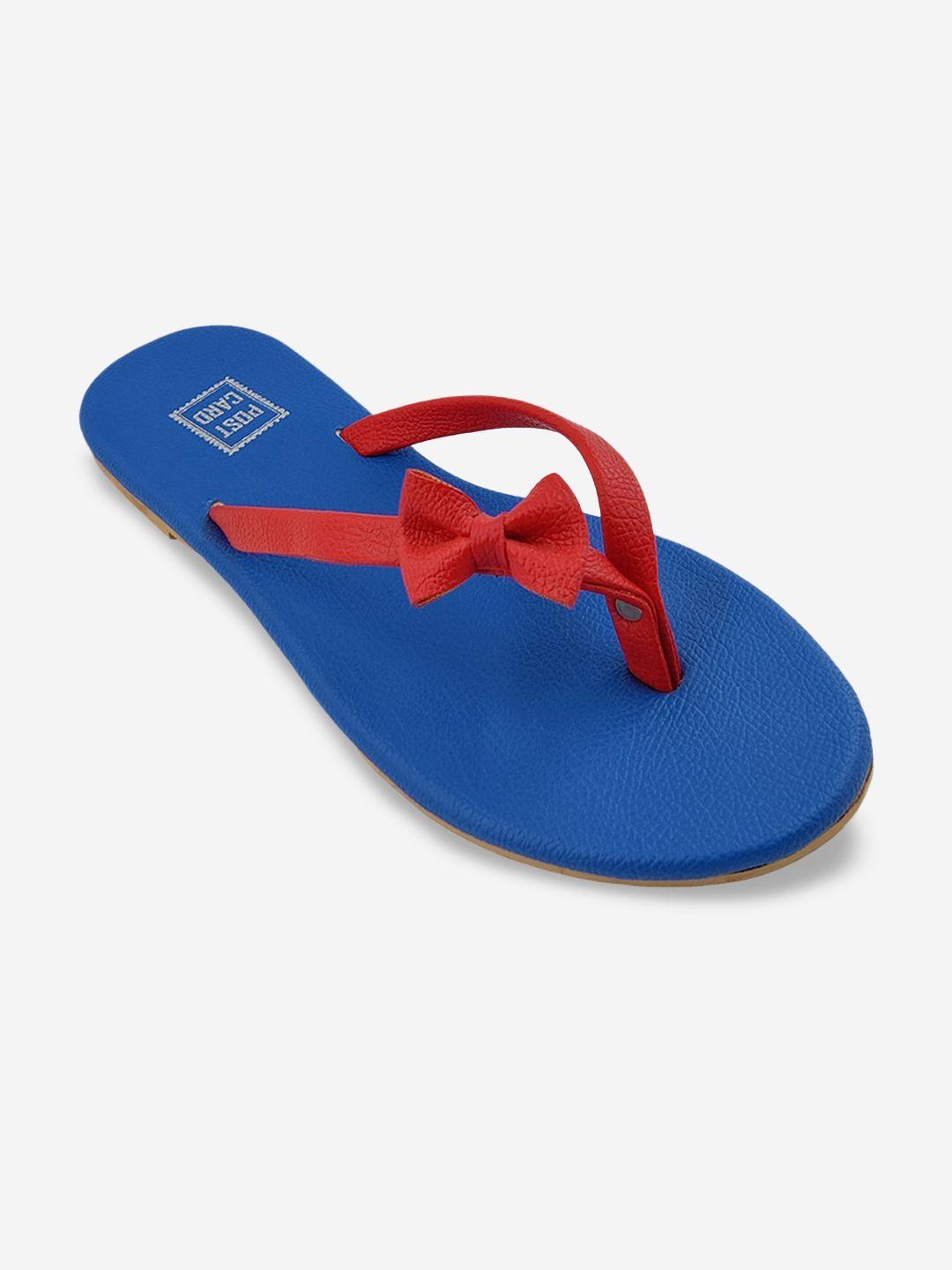 postcard women blue & red open-toe flats with bow