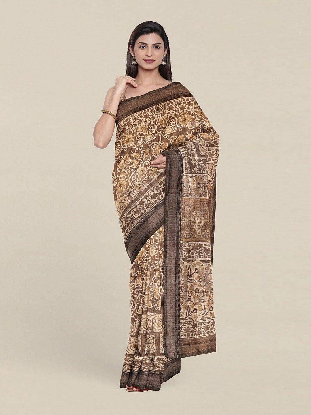 pothys brown & beige ethnic motifs jute silk saree
