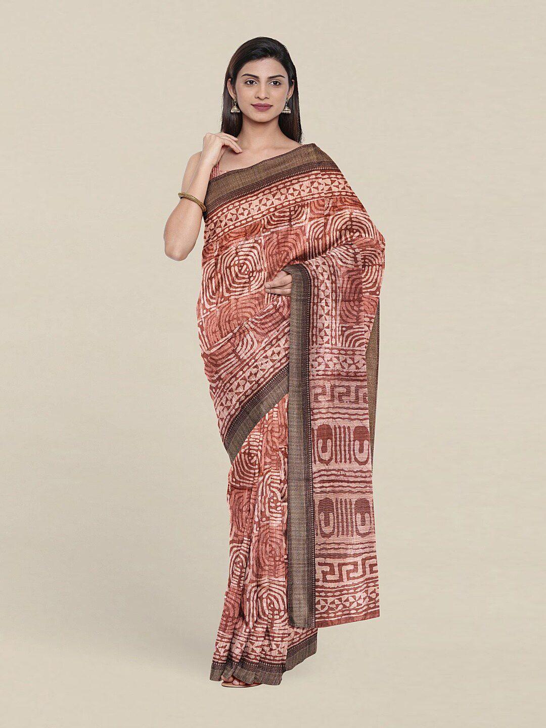 pothys brown & rust ethnic motifs jute silk saree