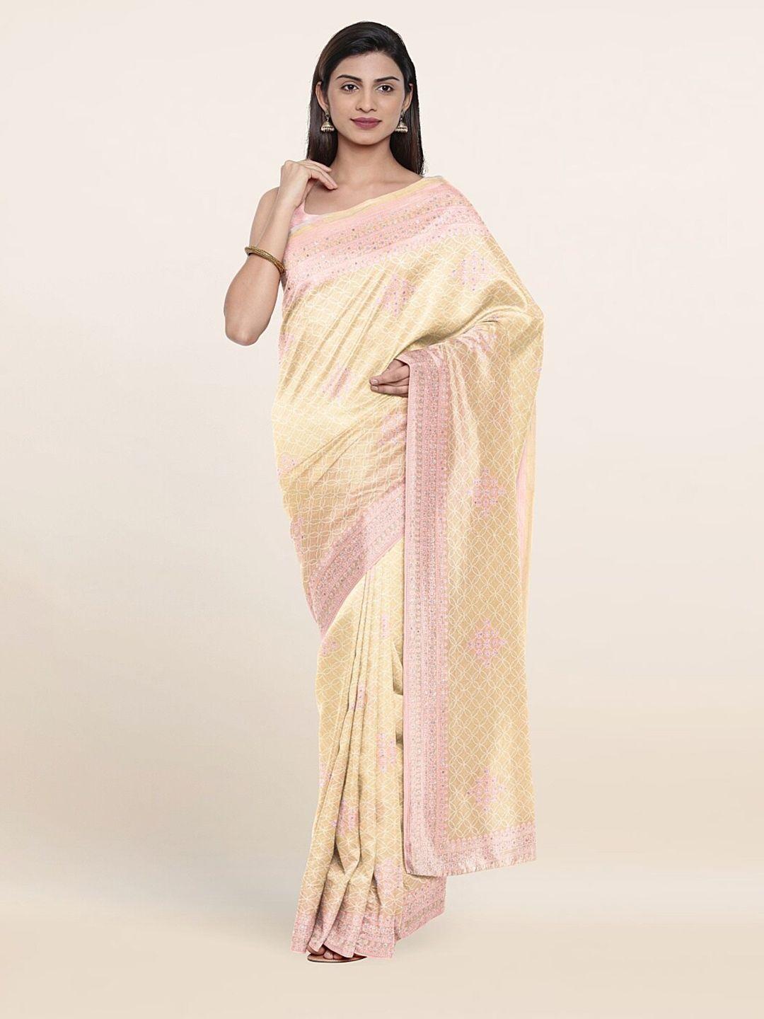 pothys cream-coloured & pink floral embroidered saree