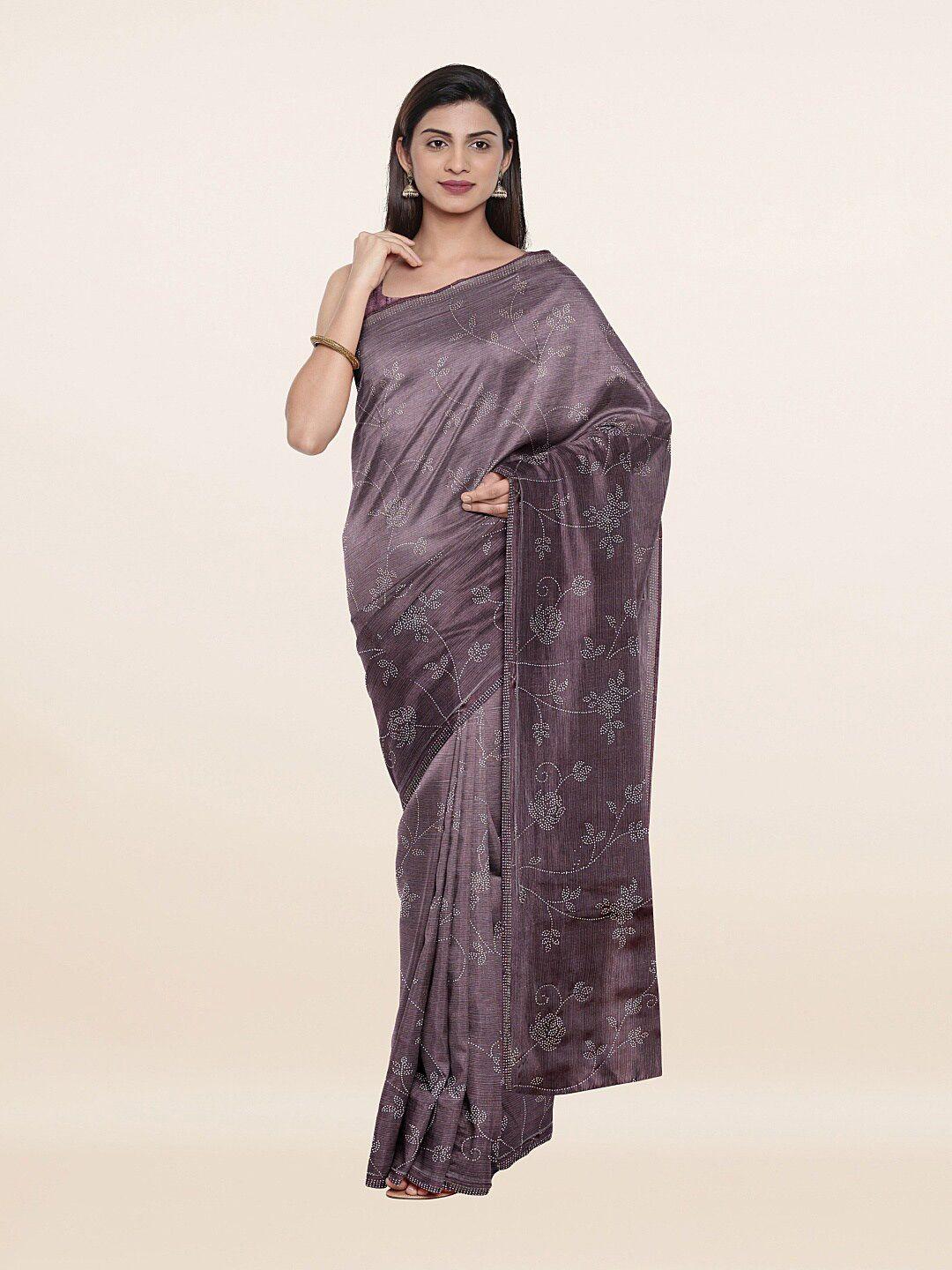 pothys lavender & silver-toned floral beads and stones saree