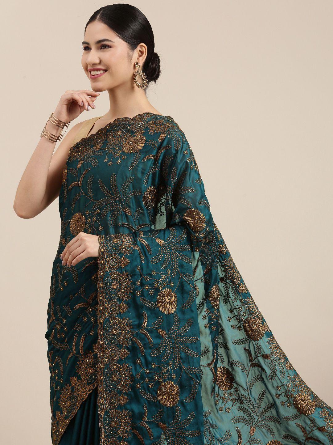 pothys teal & copper floral embroidered pure chiffon saree