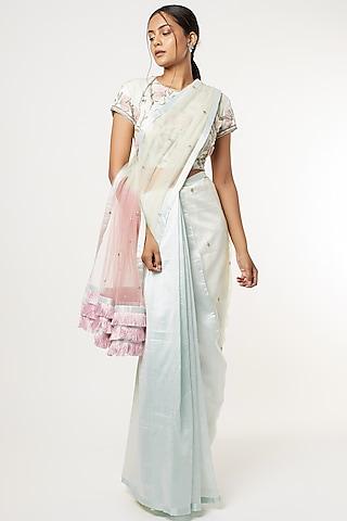 powder blue & lilac hand embroidered saree set
