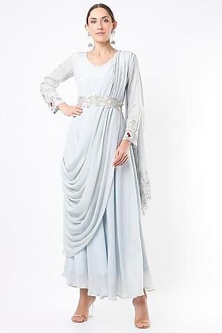 powder blue embroidered draped gown with belt