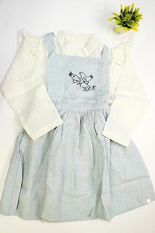 powder blue linen & lyocell hand embroidered dress for girls