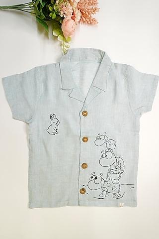 powder blue linen & lyocell hand painted shirt for boys