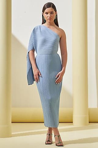 powder blue pleated polyester one-shoulder draped dress
