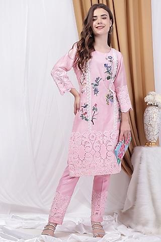 powder pink chanderi & cotton lycra applique embroidered kurta set