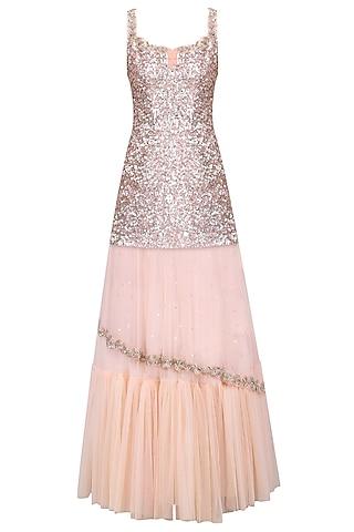 powder pink embroidered kurta with lehenga skirt set