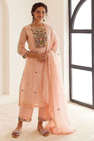 powder pink organza french knot & sequins embellished straight kurta set