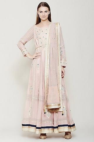 powder pink printed & embroidered kurta set