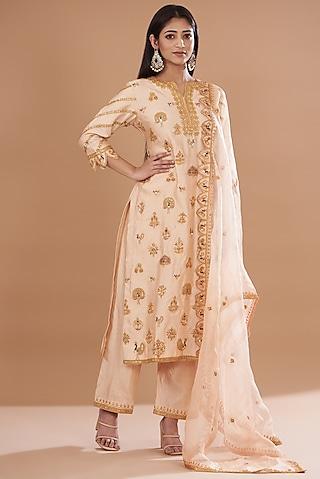 powder beige pure spun silk embroidered kurta set