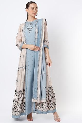 powder blue & beige printed anarkali set