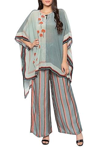powder blue & grey printed cape top with palazzo pants