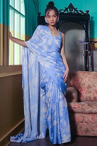 powder blue & white printed saree set