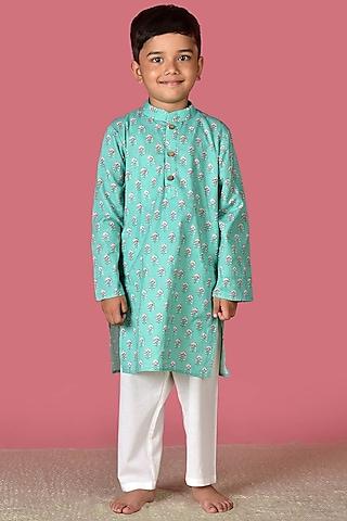 powder blue block printed kurta set for boys