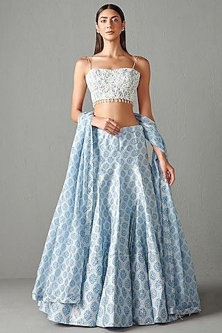 powder blue booti printed lehenga set