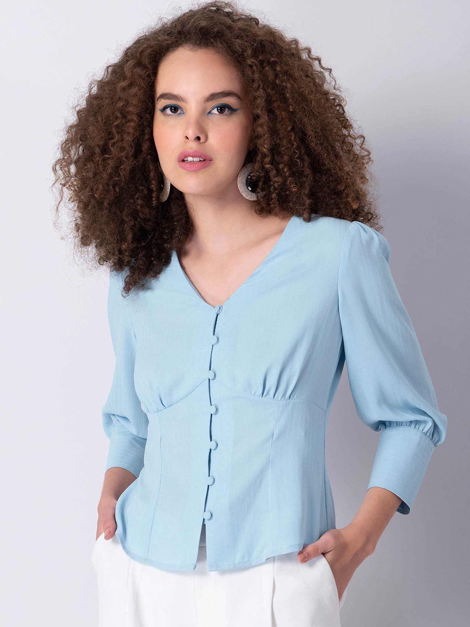 powder blue buttoned blouse