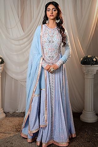 powder blue chanderi block printed & zardosi embroidered anarkali set