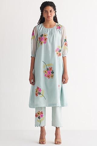 powder blue chanderi embroidered gathered tunic set