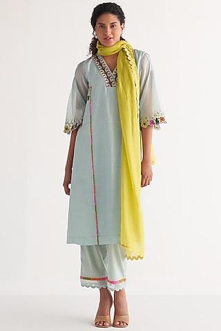 powder blue chanderi embroidered kurta set