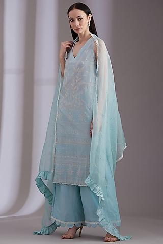powder blue chanderi embroidered kurta set