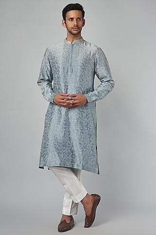 powder blue chanderi printed & embroidered kurta