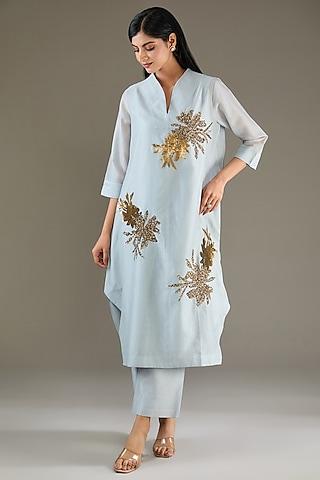 powder blue chanderi sequins hand embroidered tunic set