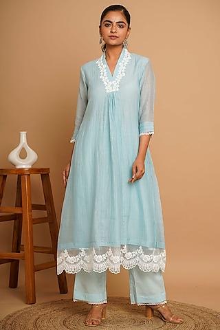 powder blue chanderi silk lace embroidered kurta set