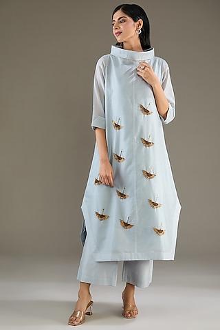 powder blue chanderi zardosi hand embroidered tunic set