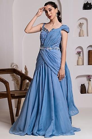 powder blue chiffon organza floral hand embroidered draped gown