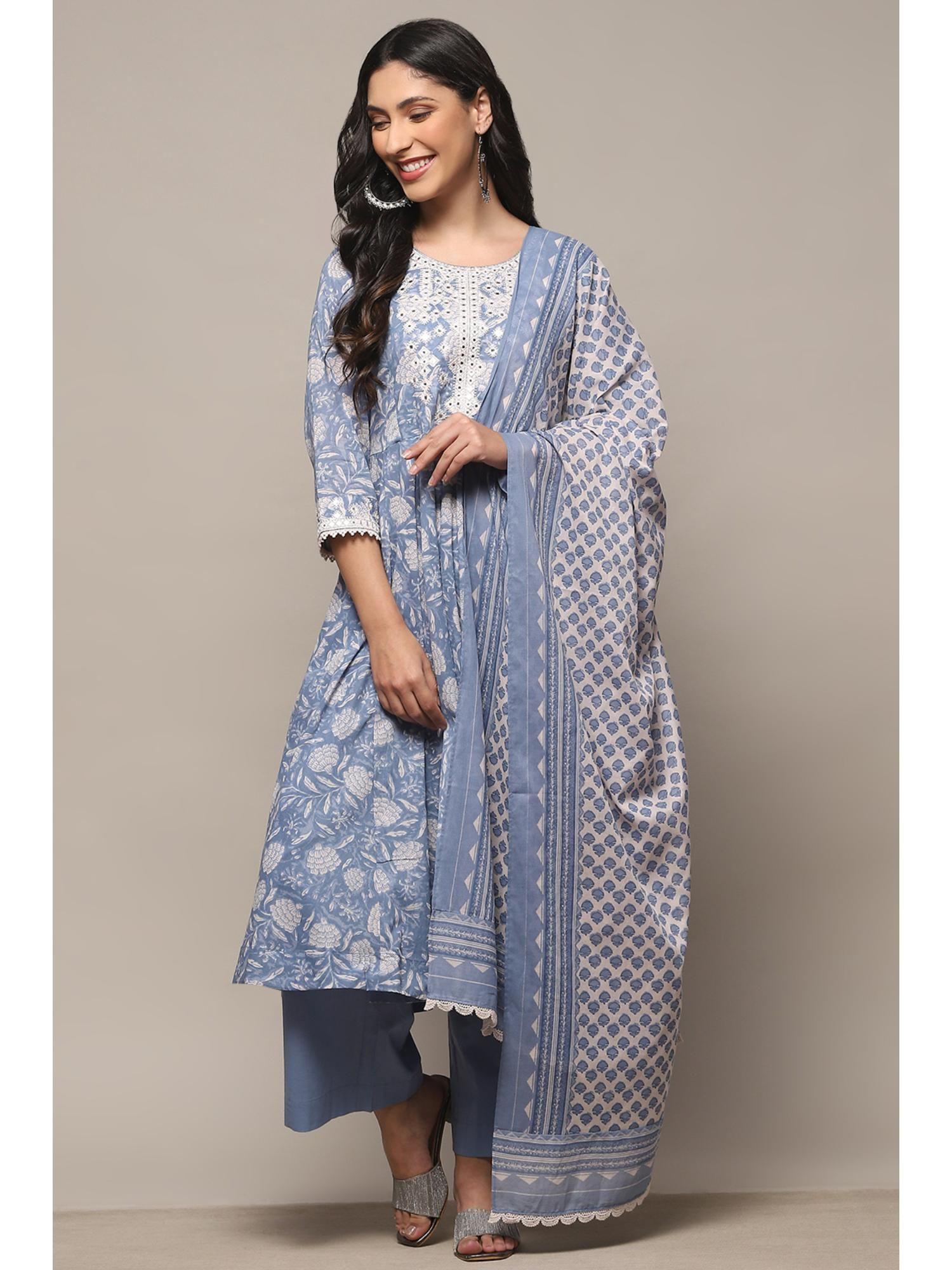 powder blue cotton anarkali with palazzo and dupatta (set of 3)