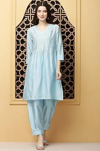 powder blue cotton chanderi embroidered kurta set